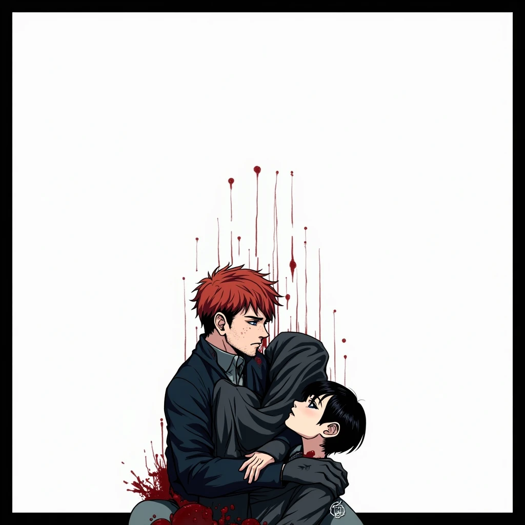 a guy with orange hair and blue eyes, White T-shirt, dark gray pants, covered in blood, holding a girl with very short dark brown hair,.With Your Eyes Closed, dying, in a dark green shirt and dark brown skirt, all in blood, anime art, masterpiece, realistically, super detail, professional quality