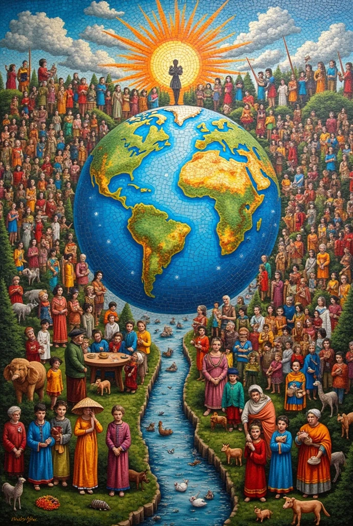 2. The Mosaic of Diversity:

Description: A giant mosaic composed of small pieces of different shapes and colors, each representing a culture or an aspect of the human experience. At the center of the mosaic, a circle representing the Earth, with lines connecting the different fragments, symbolizing the interconnectedness of all cultures. Around the Circle, human and animal figures interact in different environments, showing evolution and ethography. The mosaic is full of details that invite the viewer to explore and discover the richness of human diversity.

