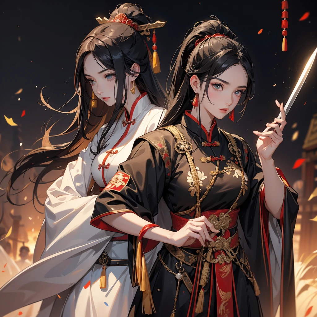 A beautiful female general holding a spear with long black hair in ancient Chinese clothing and a handsome male general holding a big sword in ancient Chinese clothing on an ancient Chinese battlefield.