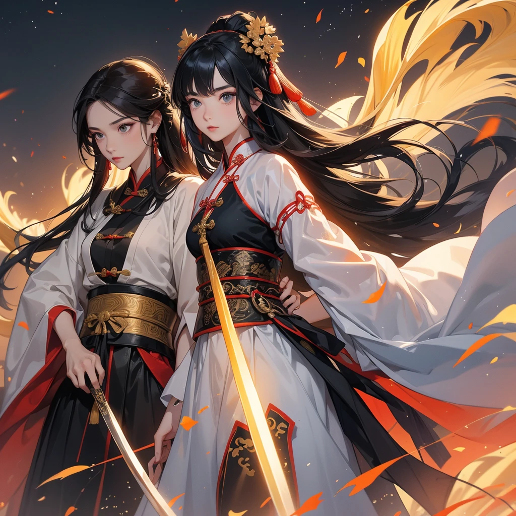A beautiful female general holding a spear with long black hair in ancient Chinese clothing and a handsome male general holding a big sword in ancient Chinese clothing on an ancient Chinese battlefield.