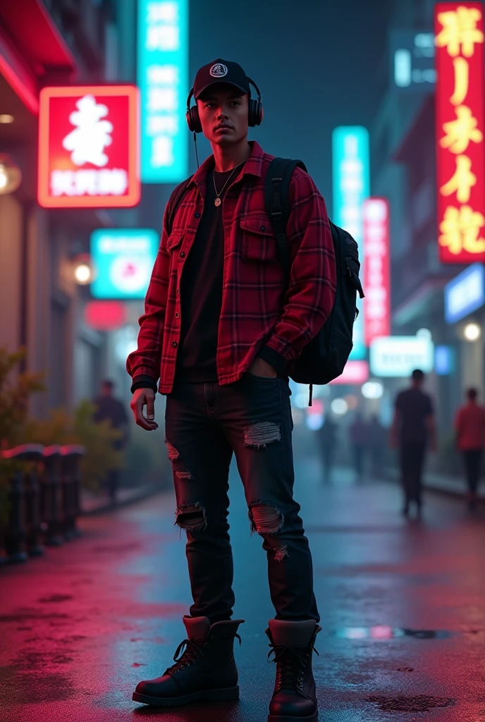 Hyper  realistic, a 28 year old Indonesia man walking on the neon cyberpunk street, ideal body, look straight ahead, wearing dark red flannel shirt and dark ripped jeans pants and black hiking hi-shoes with black backward trucker hat, wear dark leather backpack, wear headphone, masculine photoshoot pose, arrogant man expression, romantic, Bandung night town as background. Use soft photography lighting. top lighting. top lighting, slide lighting, high quality photos, UHD, 64k. shot with Canon EOS 5D Mark IV, cinematic portrait, Realistic face, not changing face, no mustache, Real photo, unchanging face, background change. Real Picture 8k ultra, man, gamer, hyper detailed, sharp focus, studio photo, intricate details, highly detailed, photo real, bright colors, digital graphics, unreal engine, blender art, perfect composition, octane rendering, masterpiece, sharp focus, high detail, art station, concept art, perfect composition, a model of ultra-high quality and clarity, perfect play of light and shadow, 32k UHD, hyper-detailing, complex artistic masterpiece, ((best quality)), ((masterpiece)), (detailed), perfect face