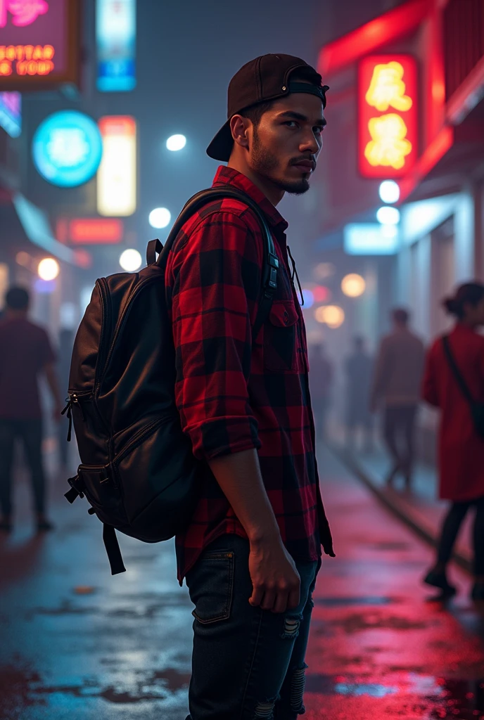 Hyper  realistic, a 28 year old Indonesia man walking on the neon cyberpunk street, ideal body, look straight ahead, wearing dark red flannel shirt and dark ripped jeans pants and black hiking hi-shoes with black backward trucker hat, wear dark leather backpack, wear headphone, masculine photoshoot pose, arrogant man expression, romantic, Bandung night town as background. Use soft photography lighting. top lighting. top lighting, slide lighting, high quality photos, UHD, 64k. shot with Canon EOS 5D Mark IV, cinematic portrait, Realistic face, not changing face, no mustache, Real photo, unchanging face, background change. Real Picture 8k ultra, man, gamer, hyper detailed, sharp focus, studio photo, intricate details, highly detailed, photo real, bright colors, digital graphics, unreal engine, blender art, perfect composition, octane rendering, masterpiece, sharp focus, high detail, art station, concept art, perfect composition, a model of ultra-high quality and clarity, perfect play of light and shadow, 32k UHD, hyper-detailing, complex artistic masterpiece, ((best quality)), ((masterpiece)), (detailed), perfect face