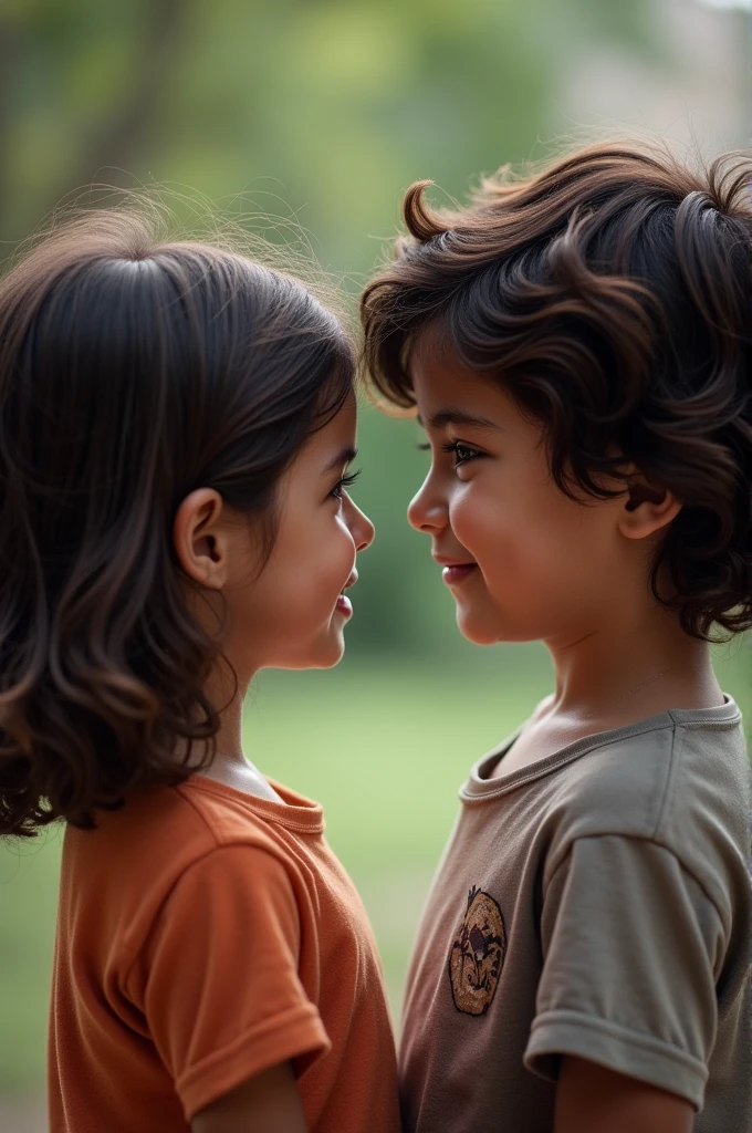 photo taken in a digital camera, set in 2013. two spanish kids 7 . the boy has wavy dark brown hair and he is smiling softly at the girl, who has slightly wavy dark brown hair and she is facing away from the camera