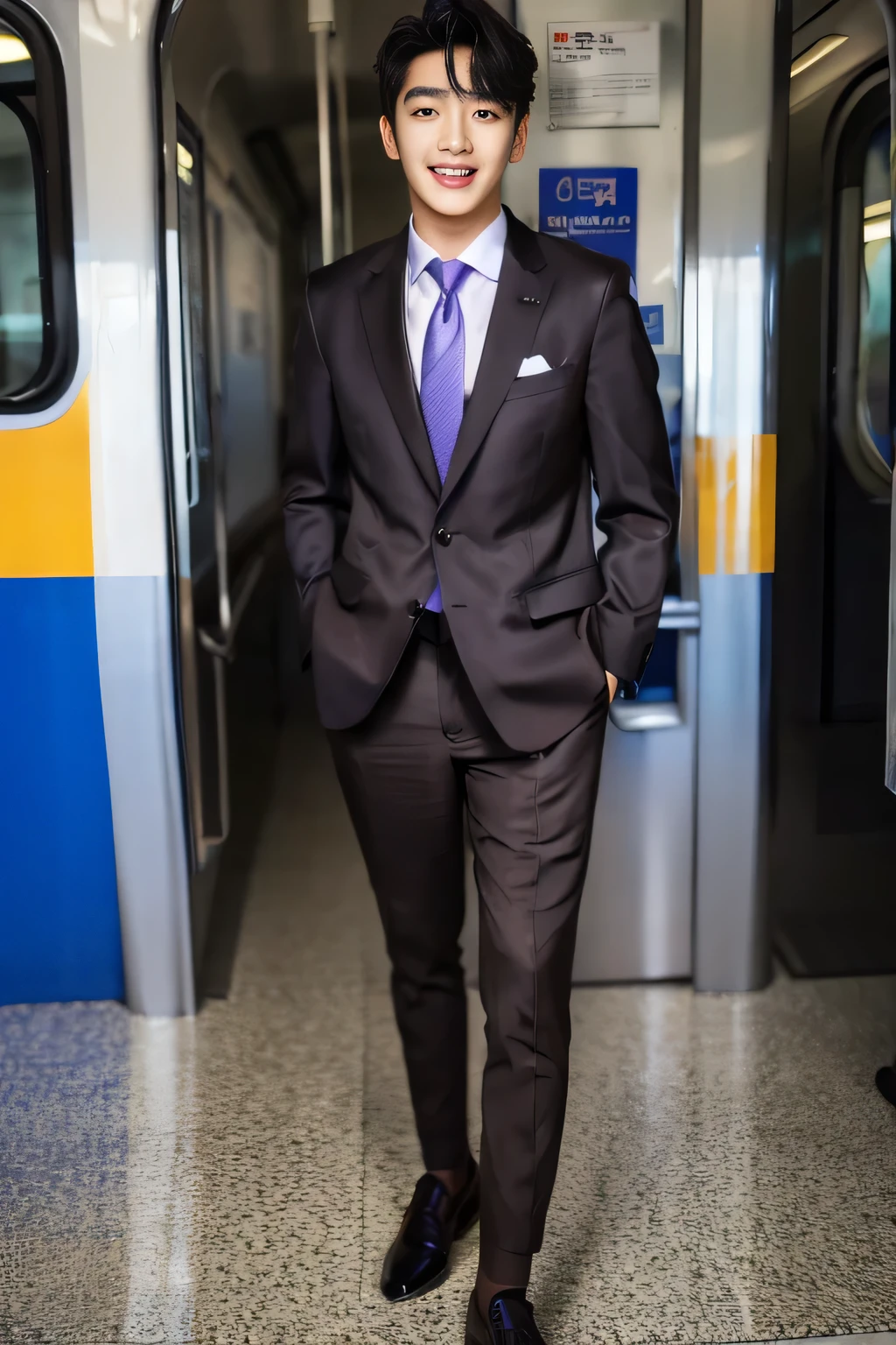 purple race、Black Hair、Eye color is dark brown、Thin face、beauty eyes,People commuting by train、sexy suit,big smile,erotic mood, black shoes with white sock
