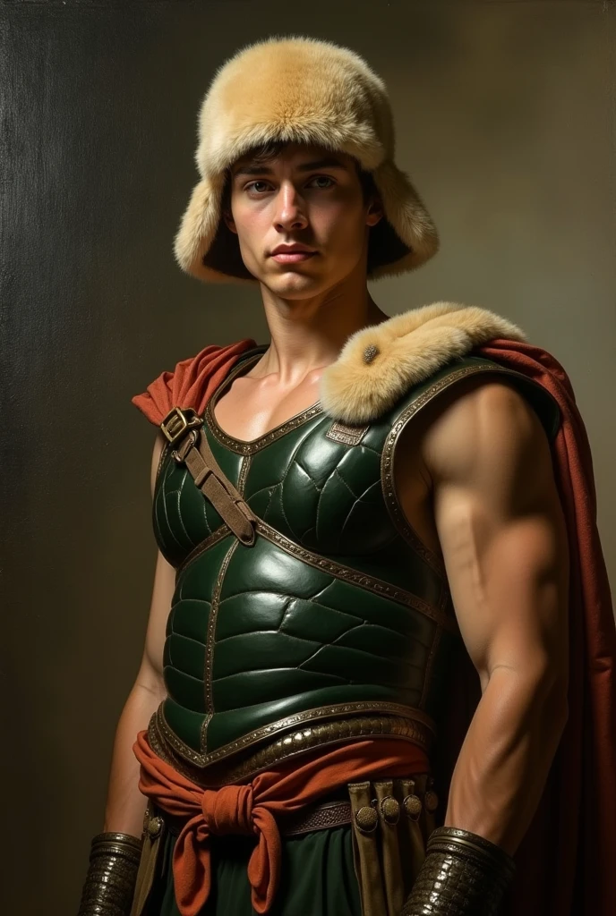 illustration in Leyendecker style: muscular, hairy chest and belly Alexander Ludwig, Big Dick - Lieutenant Roy Pierce in full dress uniform, "Midway"