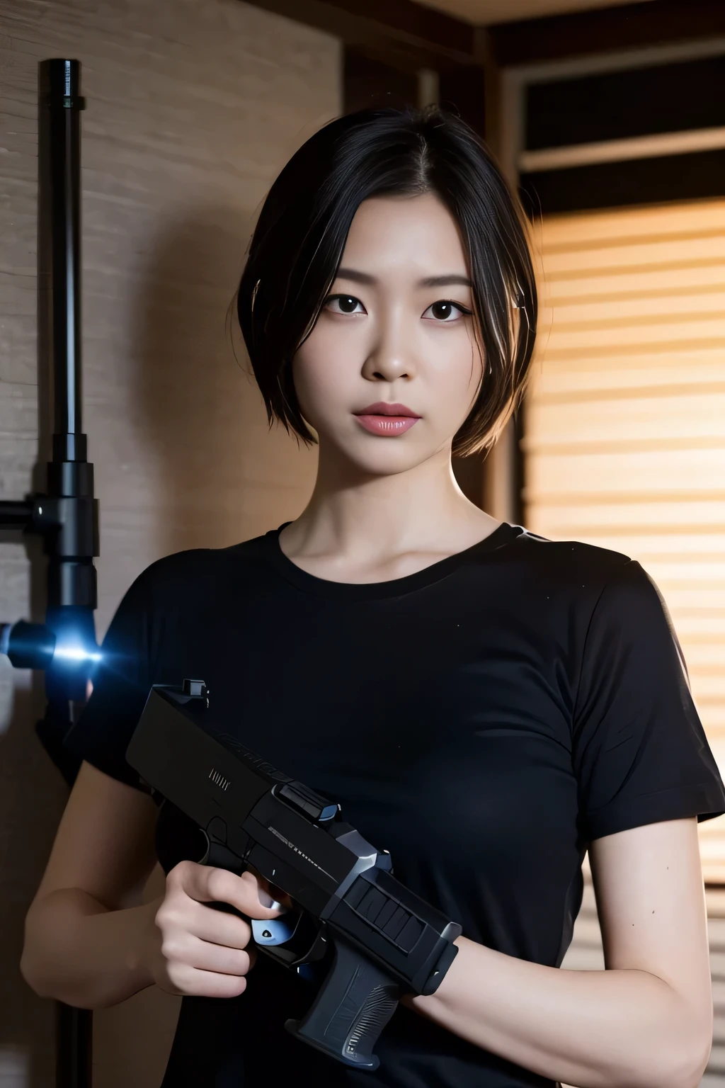 Photos, (Photorealistic: 1.4), (Hyperrealistic: 1.4), (Cinematic: 1.5), Woman in her 20s, Japan, Woman with a Gun, (Desert Eagle), Nikita, Night, Blue Light, Tension, Short Hair, Holding a Gun in Two Hands, Basement, Black T-Shirt, Electrical Cord on Wall, Water Pipe