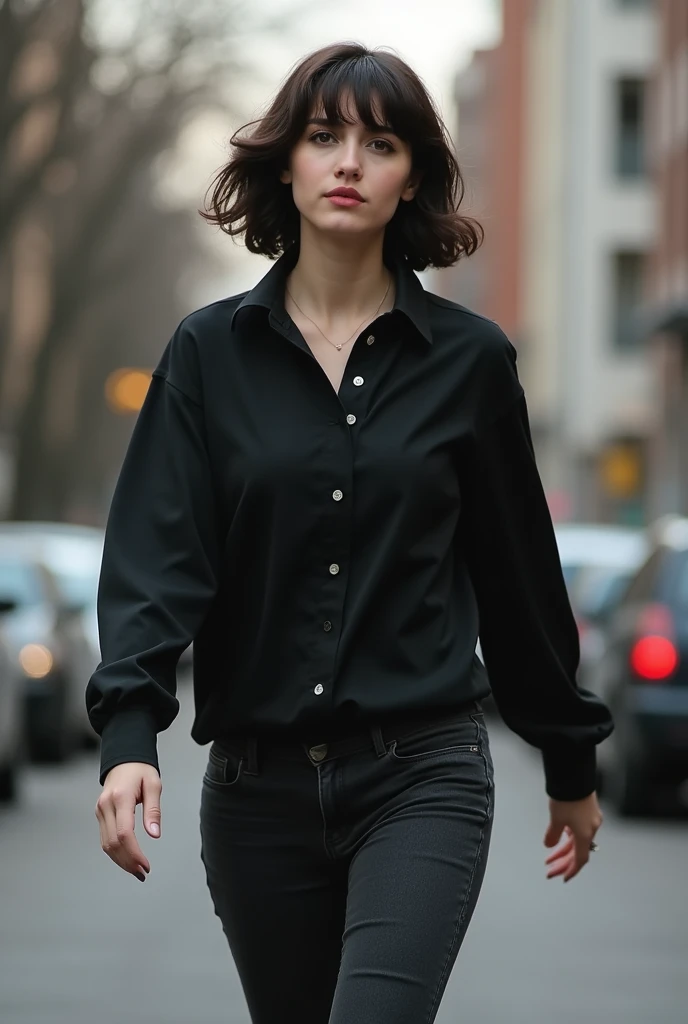 Woman, a little thin and a little chubby, with small breasts, with short, wavy hair and wavy bangs covering half of her face, with round eyes and black eyeliner makeup on her eyes, wearing a black dress blouse with long sleeves, folded over the forearm, and wearing long black denim pants. red allstar sneakers walking down the street worried, trying to get to her house.