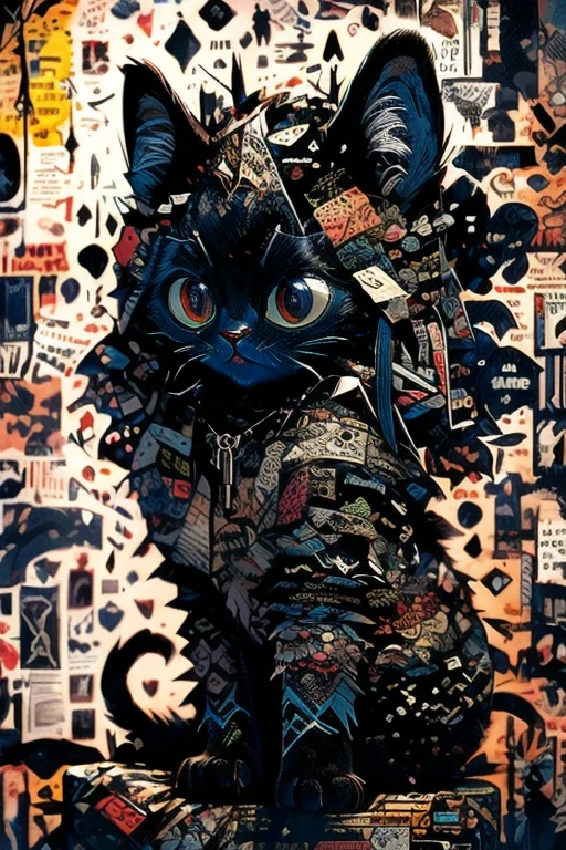 Black cat perched on a chaotic pile of newspapers, ink collage style, layered textures with torn and frayed edges, moleskin paper feel with thick ink strokes, gothic jewelpunk details intricately woven into the scene, cat's fur composed of swirling ink patterns, ornate gothic jewelry subtly integrated, multiple cat skulls faintly emerging from the shadows, dark yet intricate atmosphere, inspired by the ink-heavy styles of Ausche and Auschettler, reminiscent of Alan Lee's dense line work, with a touch of Relja Penezic’s fragmented composition, layered and textured, blending in chaotic yet harmonious detail, hauntingly beautiful