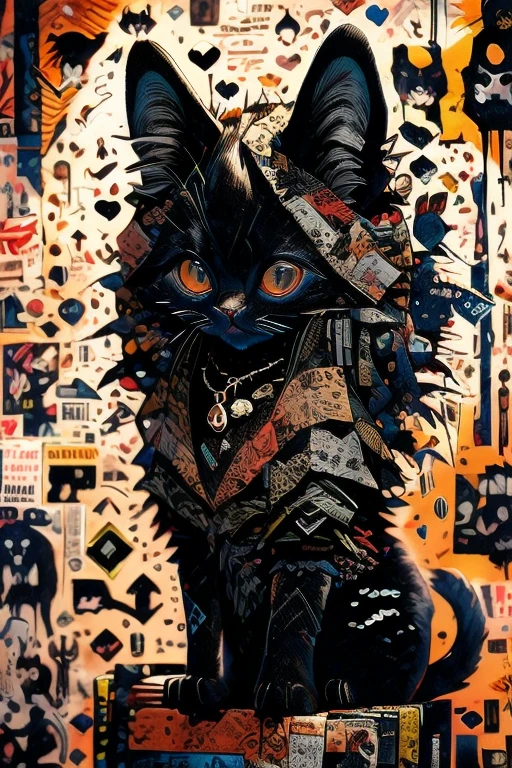 Black cat perched on a chaotic pile of newspapers, ink collage style, layered textures with torn and frayed edges, moleskin paper feel with thick ink strokes, gothic jewelpunk details intricately woven into the scene, cat's fur composed of swirling ink patterns, ornate gothic jewelry subtly integrated, multiple cat skulls faintly emerging from the shadows, dark yet intricate atmosphere, inspired by the ink-heavy styles of Ausche and Auschettler, reminiscent of Alan Lee's dense line work, with a touch of Relja Penezic’s fragmented composition, layered and textured, blending in chaotic yet harmonious detail, hauntingly beautiful