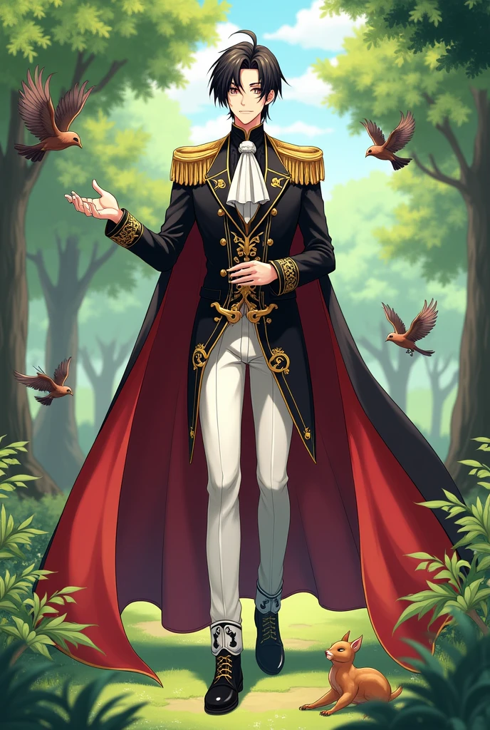Make an anime male character who had black hair with brown stripes on his bangs, black eyes, black royal prince suit with gold stripes and buttons, white pants, black and white boots and red cape. The scenery background he is at the park playing with the birds, squirrel and baby deer. His height is 173 cm