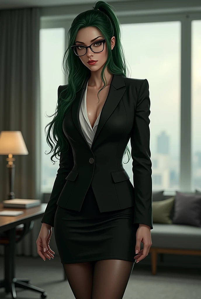 "Create a detailed image of a tall, mature woman named Vivienne Hart. She is 37 years old and stands at 6'3" with a toned, curvy physique. Vivienne has long, dark green hair styled into a sleek ponytail, with loose strands framing her stern, hazel eyes that exude power and intensity. She wears stylish glasses that add to her commanding presence.
Her outfit is a form-fitting, black business suit consisting of a pencil skirt and a matching blazer. Underneath the blazer, she wears a light white blouse, partially visible. Her legs are covered in sheer black tights, and she completes the look with sharp black heels. Vivienne's expression is both seductive and intimidating, reflecting her dominant and sadistic personality.
The background is an upscale, modern office setting, with sleek furniture and large windows, subtly indicating her high-status and the powerful business environment she operates in. The overall atmosphere should convey authority, control, and a hint of danger, capturing her as a strong and ambitious woman who is not to be underestimated."