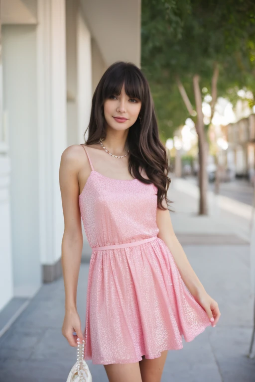 Light pink satin bodycon dress short above the knee with princess sleeves