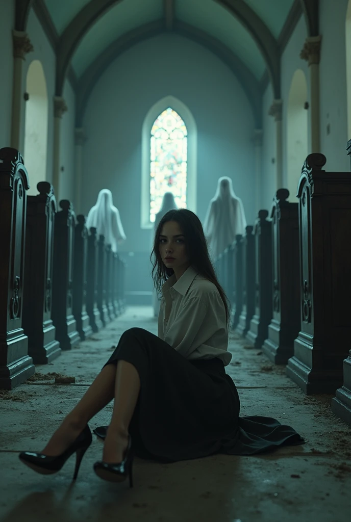 8k (realisitic) ((real photografic)) girl wearing a long skirt and a button-down shirt wearing heels , sitting on the church floor with her legs crossed, ghosts in a dark church, dark abandoned and old, full of spider webs