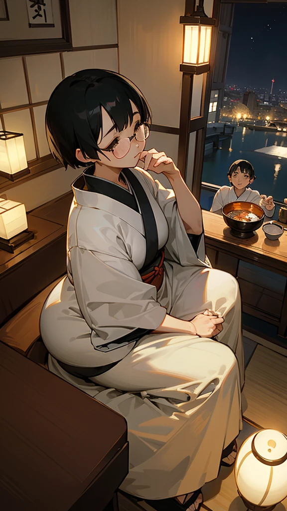 Mature Woman、grandmother、yukata、Breakdown、sitting、Looking up、Saggy breasts、Chubby、No underwear、Glasses、Black Hair、Short Hair、love、Living room at night、evening drink、Japanese sake