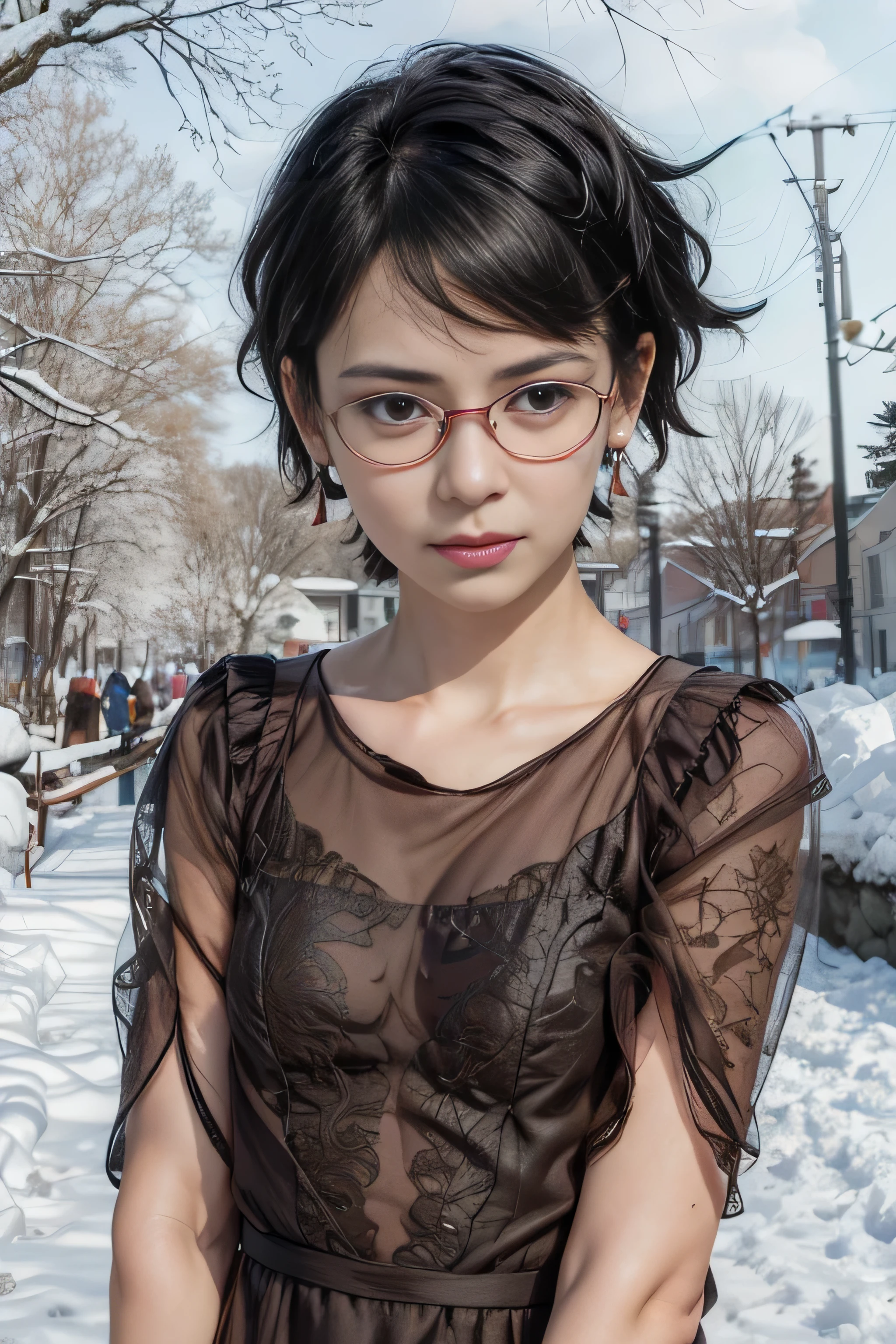 masterpiece, best quality, (realistic,photo-realistic:1.4), (RAW photo:1.2), extremely detailed CG unity 8k wallpaper, delicate and beautiful, amazing,finely detail, official art, absurdres, incredibly absurdres, huge filesize, ultra-detailed,extremely detailed eyes and face,light on face,(little smile),(wearing red framed glasses:1.4),sarada,(black hair:1.4),(short hair:1.5),(wearing brown dress:1.4),(nature background:1.4)