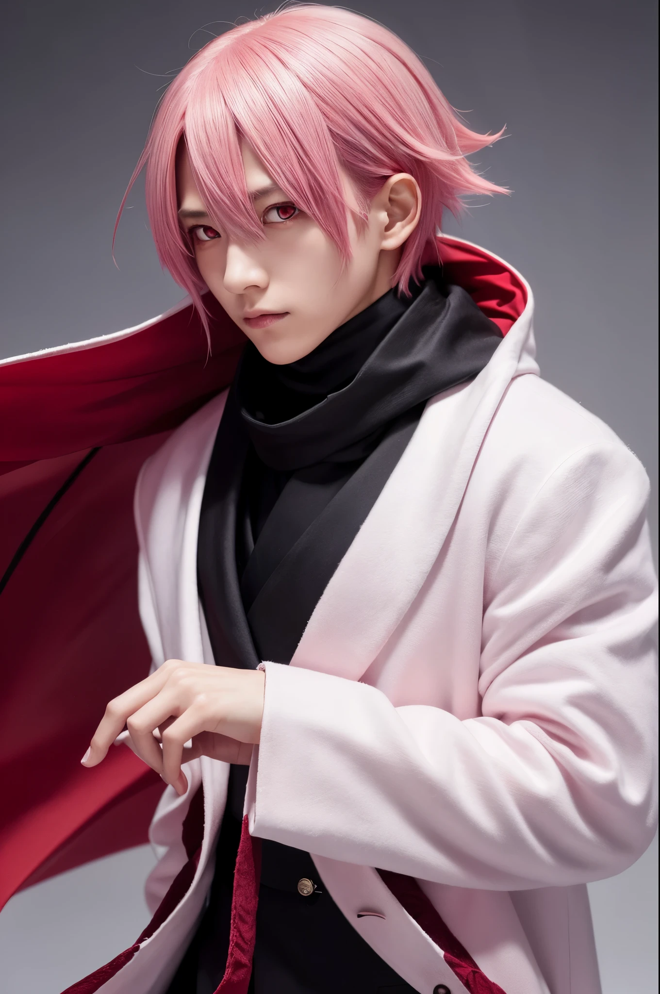 Super detailed, High resolution, Absurd, High resolution, Ryoumen Sukuna, Pink Hair, Red eyes, Black scarf, White long coat, Black tight shirt, JUJUTSU KAİSEN,