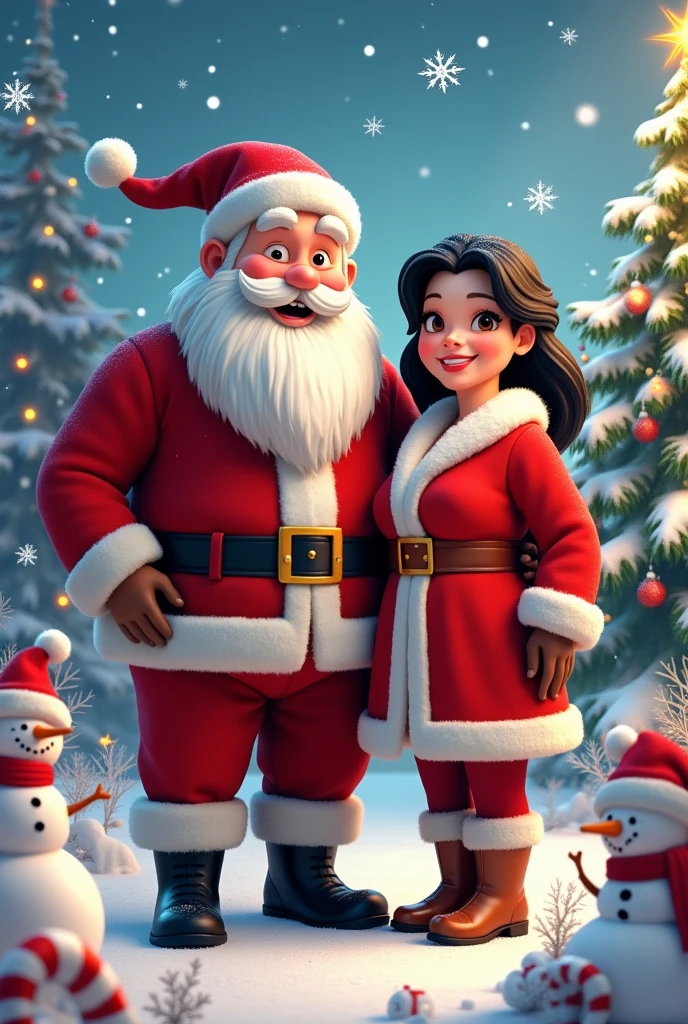 Santa Claus with his chubby wife black hair, Snowman, Snowflakes, candy canes, Element,Christmas tree,Kansas City Chiefs