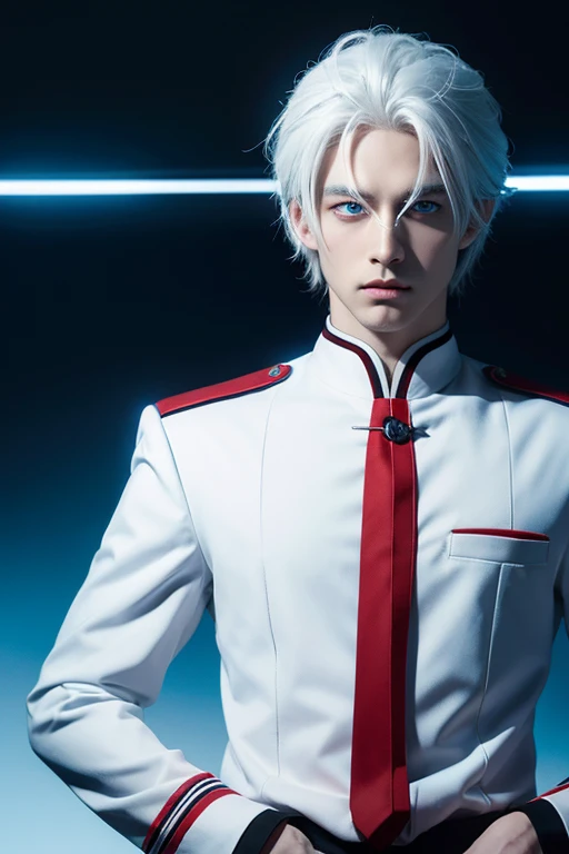 animated character, male, deep blue eyes, white hair, Clothes are uniforms, color is black&red