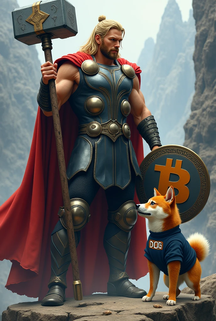 Generate an image of Thor with his hammer and Bitcoin shield, accompanied by his shiba inu dog wearing a DOG sticker sweatshirt facing a bear.