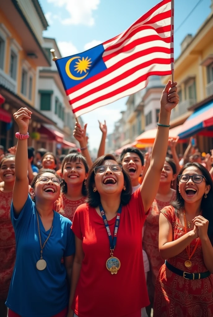 Image of Malaysian people celebrating Independence Day and holding the Malaysian flag