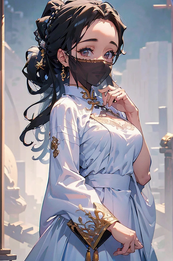 ((((High resolution, Intricate details, masterpiece, 8k)))), (((beautiful, Veil, China dress))), ((One Woman, face close up, Smiling)), (Black Hair, Forehead, Long Hair, ponytail, slender), from front, looking at viewer, look at viewer, town, night, moon,