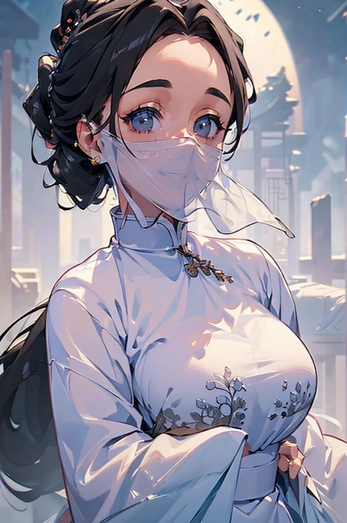 ((((High resolution, Intricate details, masterpiece, 8k)))), (((beautiful, Veil, China dress))), ((One Woman, face close up, Smiling)), (Black Hair, Forehead, Long Hair, ponytail, slender), from front, looking at viewer, look at viewer, town, night, moon,