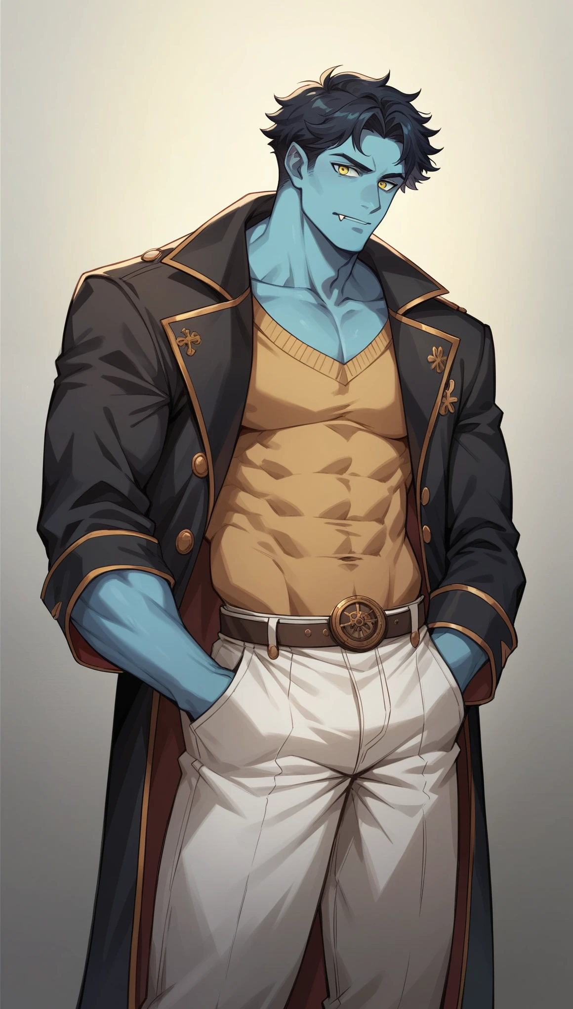 Masterpiece, best quality, hand-drawn style, lots of details, high quality, right shadows and light, a male person, azure-blue skin, small rounded ears, muscular build, small fangs, yellow eyes, medium-length wavy black hair, large trousers with pockets a sweater with sleeves over which a warm black coat in the style of medieval fantasy and steampunk is worn