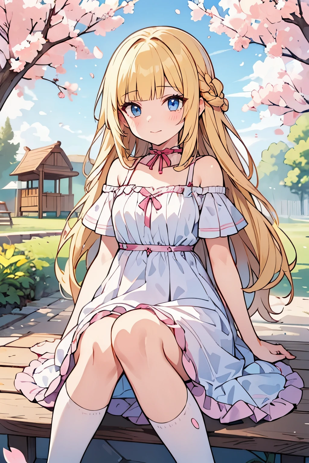 solo girl, (young female body:1.4), ( medium small breasts), embarrassed expression, flustered, knee length hair, yellow long hair, voluminous wavy very long yellow hair, extra long blonde hair, hime cut, light blue eyes, pink  doll dress, ligh pink long dress, pink summer dress, off shoulder short sleeves, exposed collar bones, white tights, town background with a playground, cherry blossom trees and bushes and flowers, romantic 