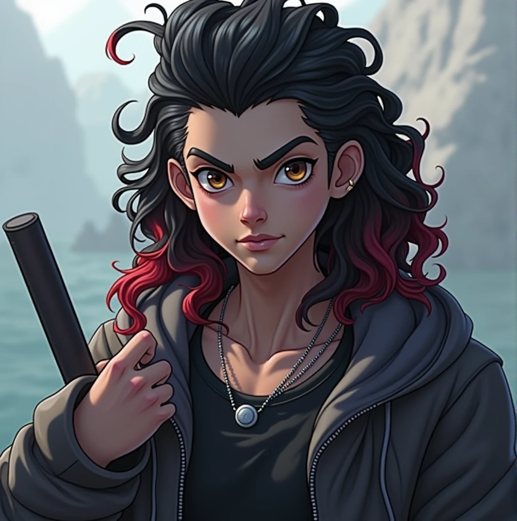 A tanned male teenager with long, curly black hair with red tips