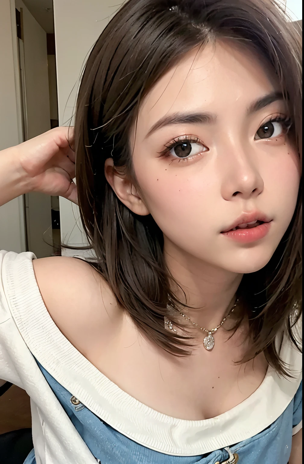 Beautiful and attractive woman in fashion trends, Gentle and attractive Chinese beauty, Delicate and sexy collarbone, Attractive oval face, double eyelid, Clever pink eyes, Pink Lips, Small Nose, Exposing shoulders, Focus on the face, Face close-up, Ultra-high resolution, Very detailed, Full body photo, Ultra-thin and light-transmitting, The white off-the-shoulder shirt matches perfectly with the light blue slit skirt., Fresh and delicious, And see through