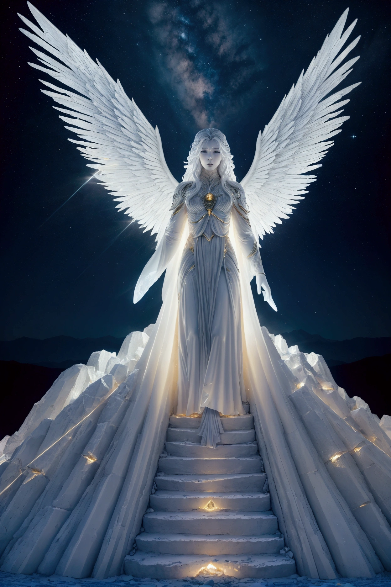 ((Fantastic)) ((sky landscape)) ((lights)) stele, heavenly, angels full of light, distant image, wings shining, emanating light, off white, golden, Streets of Gold, river of crystals, gem stones, distant humanoid figure, silhouette of a man of light, farthest clear daytime sky off white, +Ceu, river running in the middle of the holy city, great white throne, glorious White throne Much larger than the humanoid figure. A vivid expression. of heartfelt gratitude and boundless love.