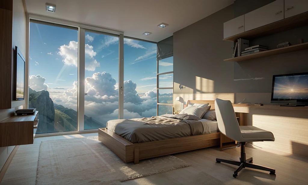 Created Bedroom, Fantasy, Window overlooking the sky with clouds, light and shadow art, creation myth