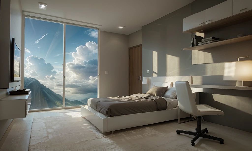 Created Bedroom, Fantasy, Window overlooking the sky with clouds, light and shadow art, creation myth
