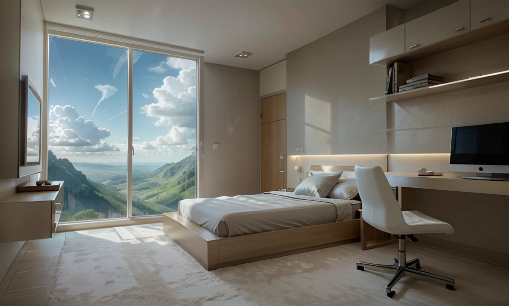 Created Bedroom, Fantasy, Window overlooking the sky with clouds, light and shadow art, creation myth