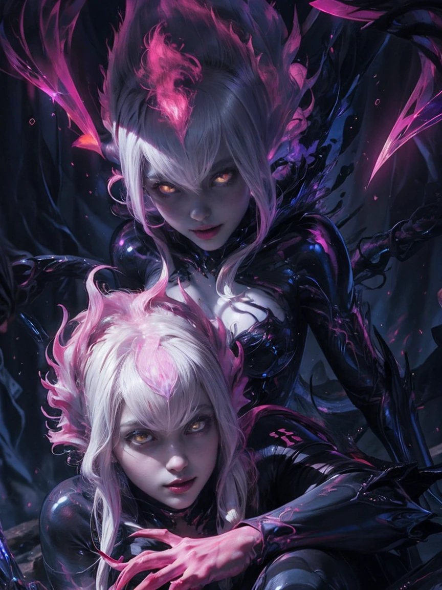 best quality, masterpiece, extremely detailed, anime, Evelynn_Default, slit_pupils, glowing_eyes, black_sclera, white_hair, smug face, all body,  out