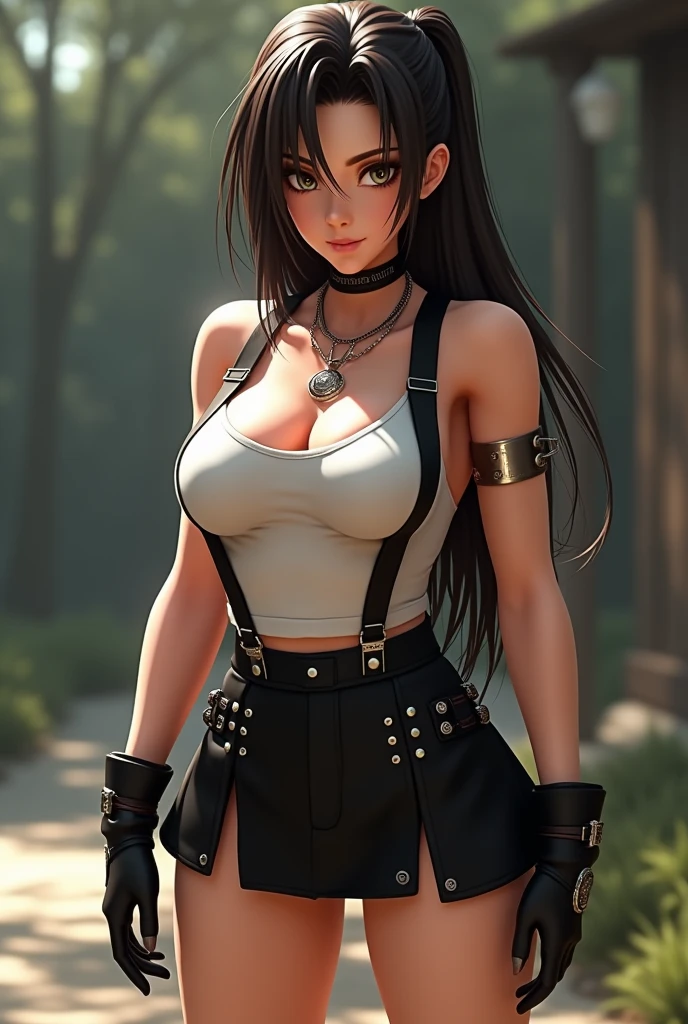 Tifa,(Garment Lift:1.4),1 Gil,alone,gloves,elbow gloves,fingerless gloves,chest,suspenders,Knee socks,Crop top,Tank top,skirt,black Knee socks,suspender skirt,black skirt,Earrings,jewelry,abdomen,View your viewers,Elbow pads,white Tank top,black gloves,Realistic,boots,shirt,underwear,panties,Long hair tied low,Sporting goods,miniskirt,Arm guard,belt,Underbust,white panties,Red footwear,black panties,pleated skirt,clavicle,Bottomless,Combat Stance,No sleeve,Shorts,pencil skirt,
Sexy pose,Highest quality,masterpiece,figure,Very delicate and beautiful,CG,Unity,8k wallpaper,wonderful,In detail,masterpiece,Official Art,Very detailed CG Unity 8k wallpaper,Incredibly absurd,Large file size,Very detailed,High resolution,Very detailed,Beautiful detailed,Realistic,from the front,Outdoor,Light contrast,垂れ下がった重いchest.巨大なchest.Magnificent nipples