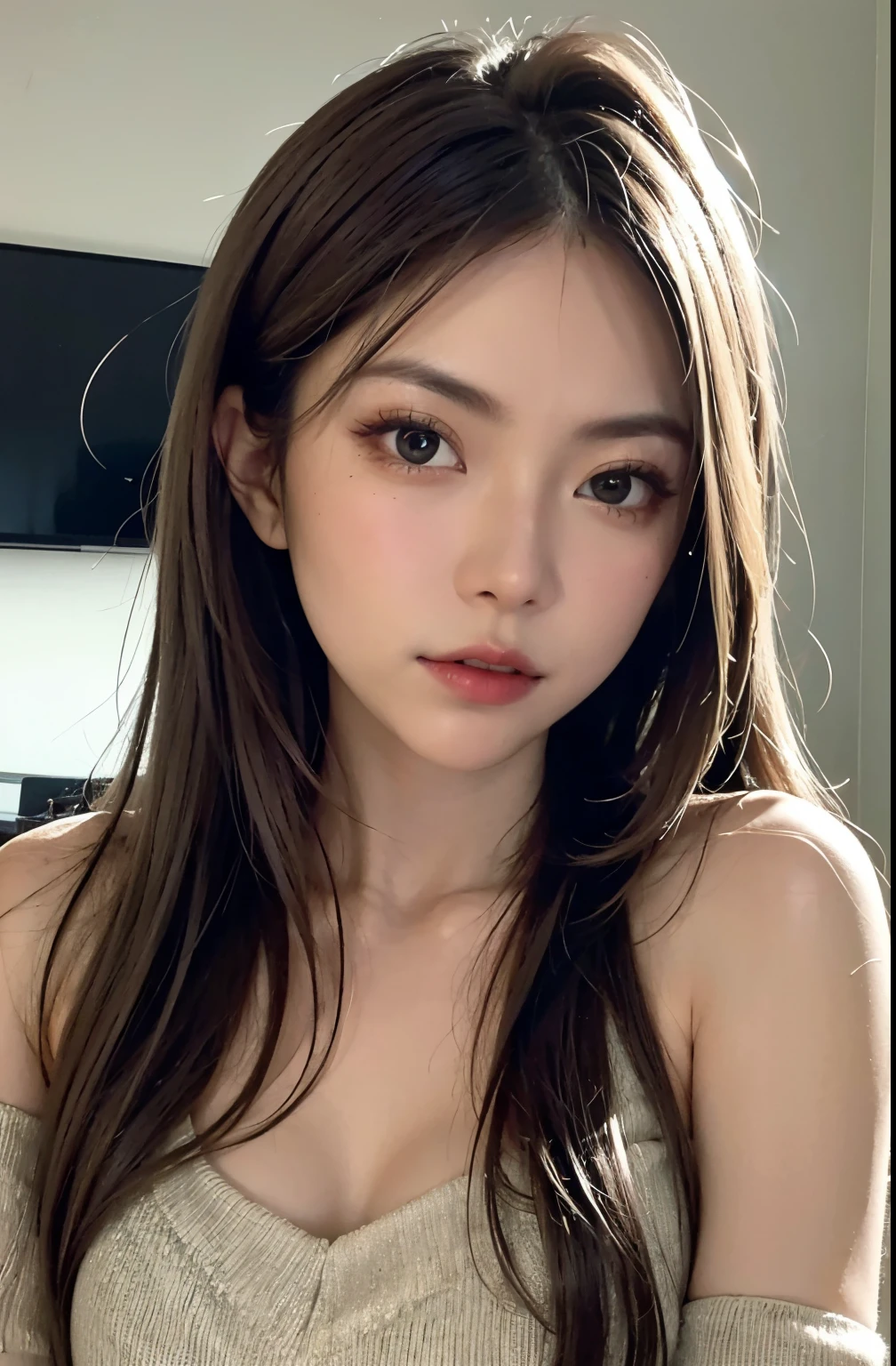 Beautiful and attractive woman in fashion trends, Gentle and attractive Chinese beauty, Delicate and sexy collarbone, Attractive oval face, double eyelid, Clever pink eyes, Pink Lips, Small Nose, Exposing shoulders, Focus on the face, Face close-up, Ultra-high resolution, Very detailed, Full body photo, Ultra-thin and light-transmitting, The white off-the-shoulder shirt matches perfectly with the light blue slit skirt., Fresh and delicious, And see through