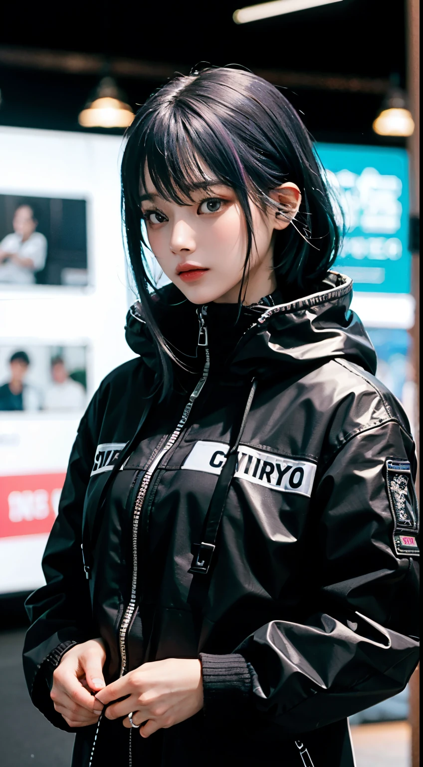 ((Highest quality)), ((masterpiece)), (Very detailed:1.3), 3d, beautiful (cyber punk:1.3) Hacker woman with dyed hair, Wearing black clothes and looking at the camera
