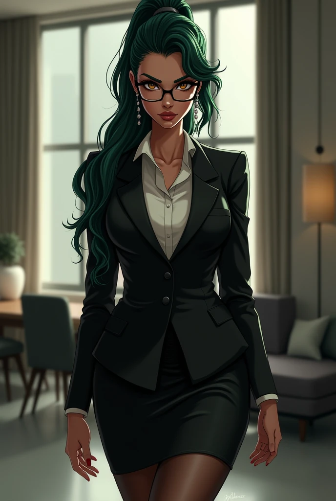 "Create a detailed image of a tall, mature woman named Vivienne Hart. She is 37 years old and stands at 6'3" with a toned, curvy physique. Vivienne has long, dark green hair styled into a sleek ponytail, with loose strands framing her stern, hazel eyes that exude power and intensity. She wears stylish glasses that add to her commanding presence.
Her outfit is a form-fitting, black business suit consisting of a pencil skirt and a matching blazer. Underneath the blazer, she wears a light white blouse, partially visible. Her legs are covered in sheer black tights, and she completes the look with sharp black heels. Vivienne's expression is both seductive and intimidating, reflecting her dominant and sadistic personality.
The background is an upscale, modern office setting, with sleek furniture and large windows, subtly indicating her high-status and the powerful business environment she operates in. The overall atmosphere should convey authority, control, and a hint of danger, capturing her as a strong and ambitious woman who is not to be underestimated."
