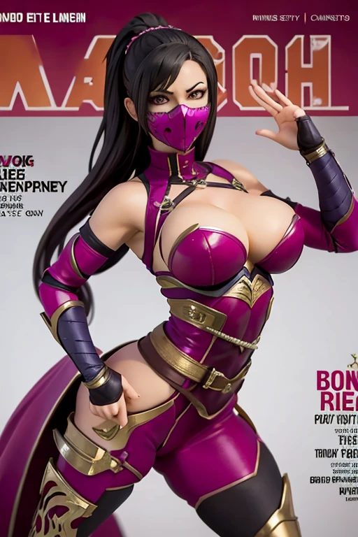 Magazine cover, Mileena, sexy pose, big breasts, bubble but, mask