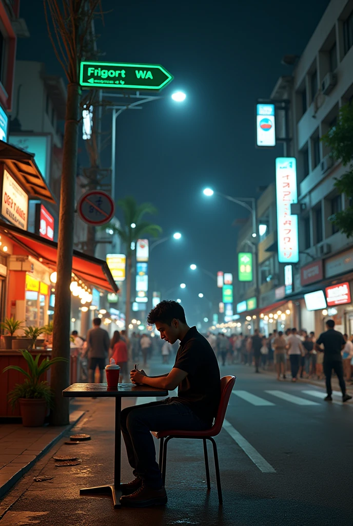 (photorealism:1.2), a handsome young man is sitting with his head down, at a small cafe on the edge of the road at night, crowded with people, muda mudi, street lamps, a billboard, poster, road sign, traffic lights, electric pole, direction sign