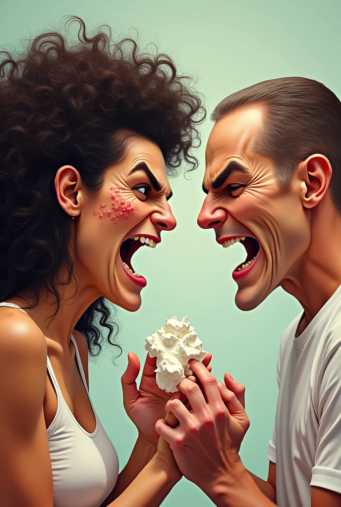 Caucasian female, very big forehead angry face, very curly long hair, applying cream on the hands of a white man, shorth hair , very big lips, a face with many pimples and silly
