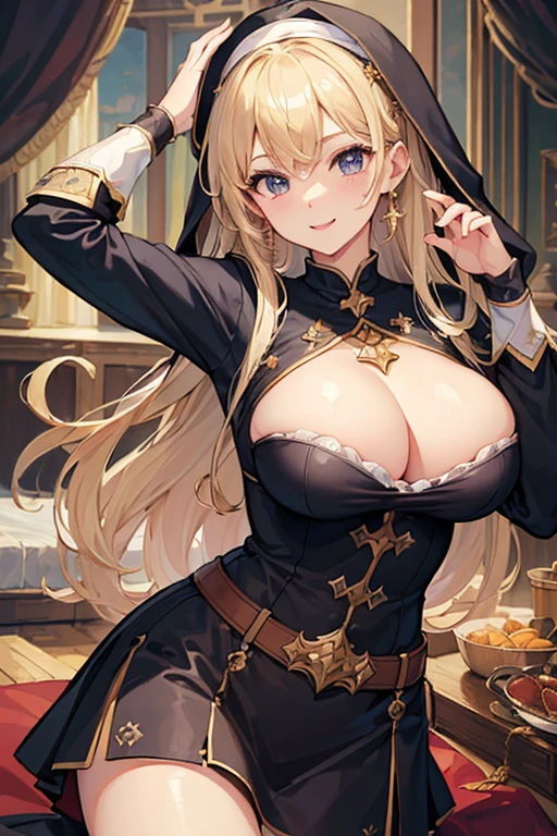 (masterpiece、Highest quality、Ultra-high resolution、Super detailed:1.3)、cute1人、Character portrait、Russian、Big Breasts、Sister、Blonde、Nuns、Breast milk、Girl、smile、、Anime Style、cute、Full body view、No background