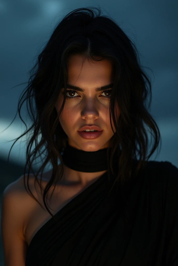 Kendall jenner in black saree, selfie, night, without light, no shining, cloud, noises, raw photo