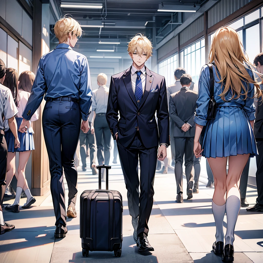 Create a story about a group of Japanese male and female students, wearing blue school uniforms, walking to class, being cool, gangsters, blond hair, prominent men, the Yakuza.