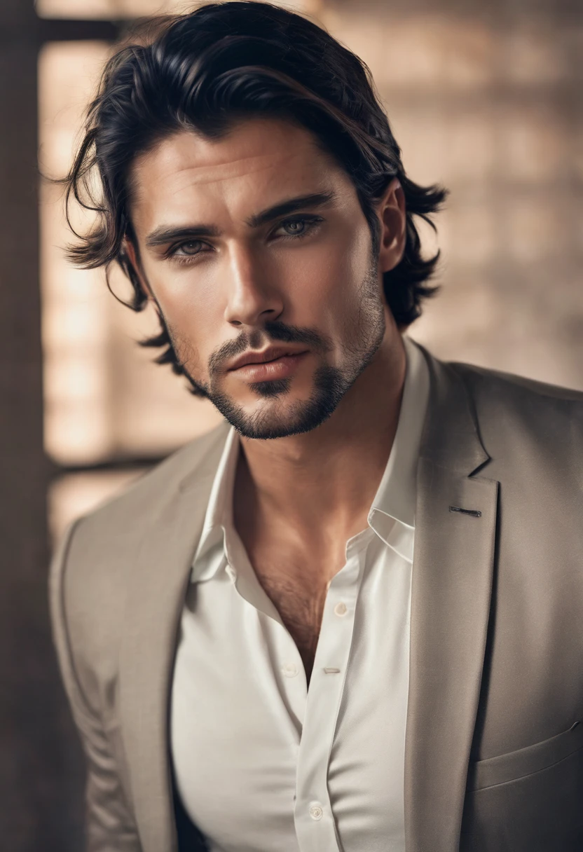Handsome man with dark hair and light eyes, with a seductive look
