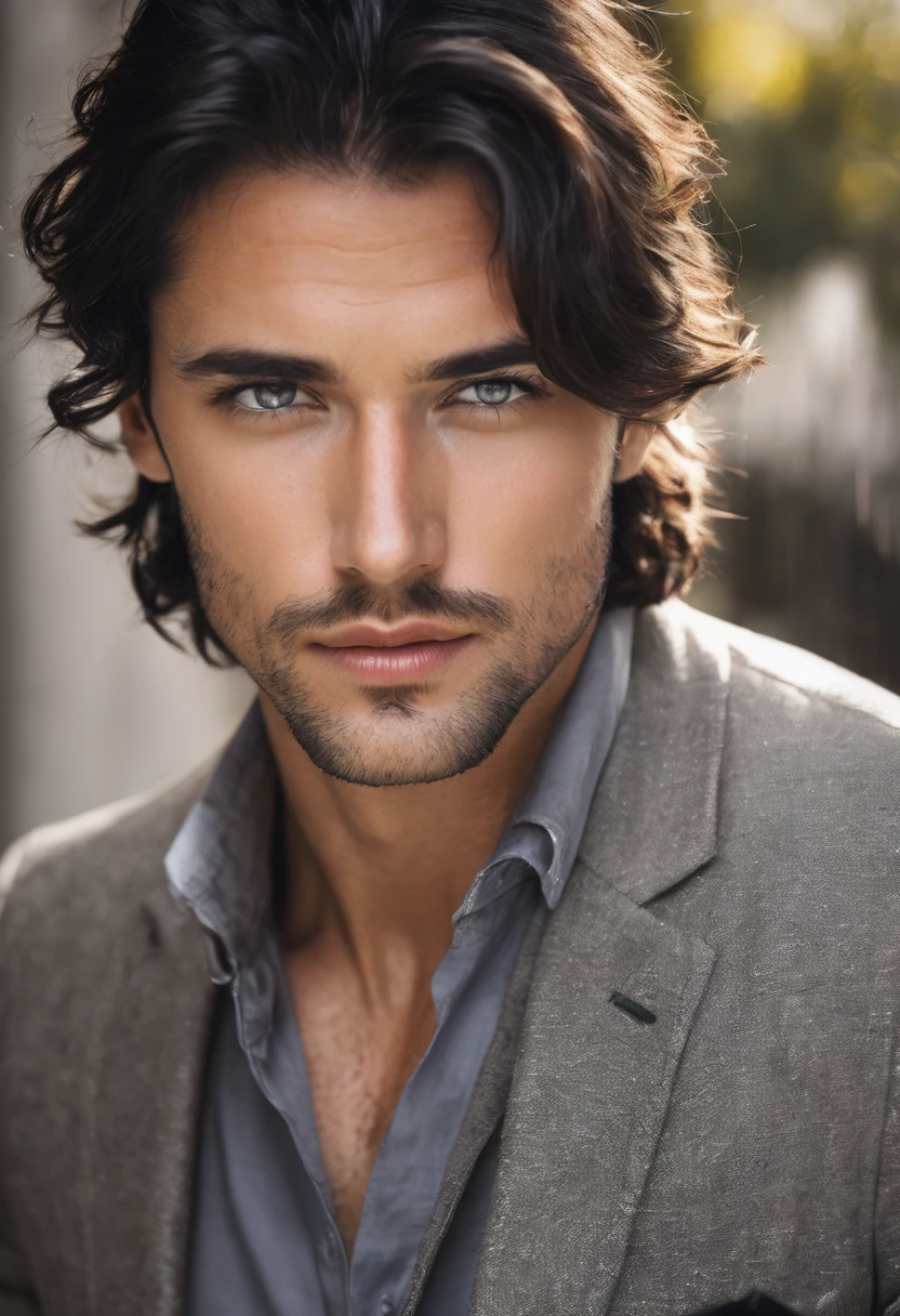 Handsome man with dark hair and light eyes, with a seductive look