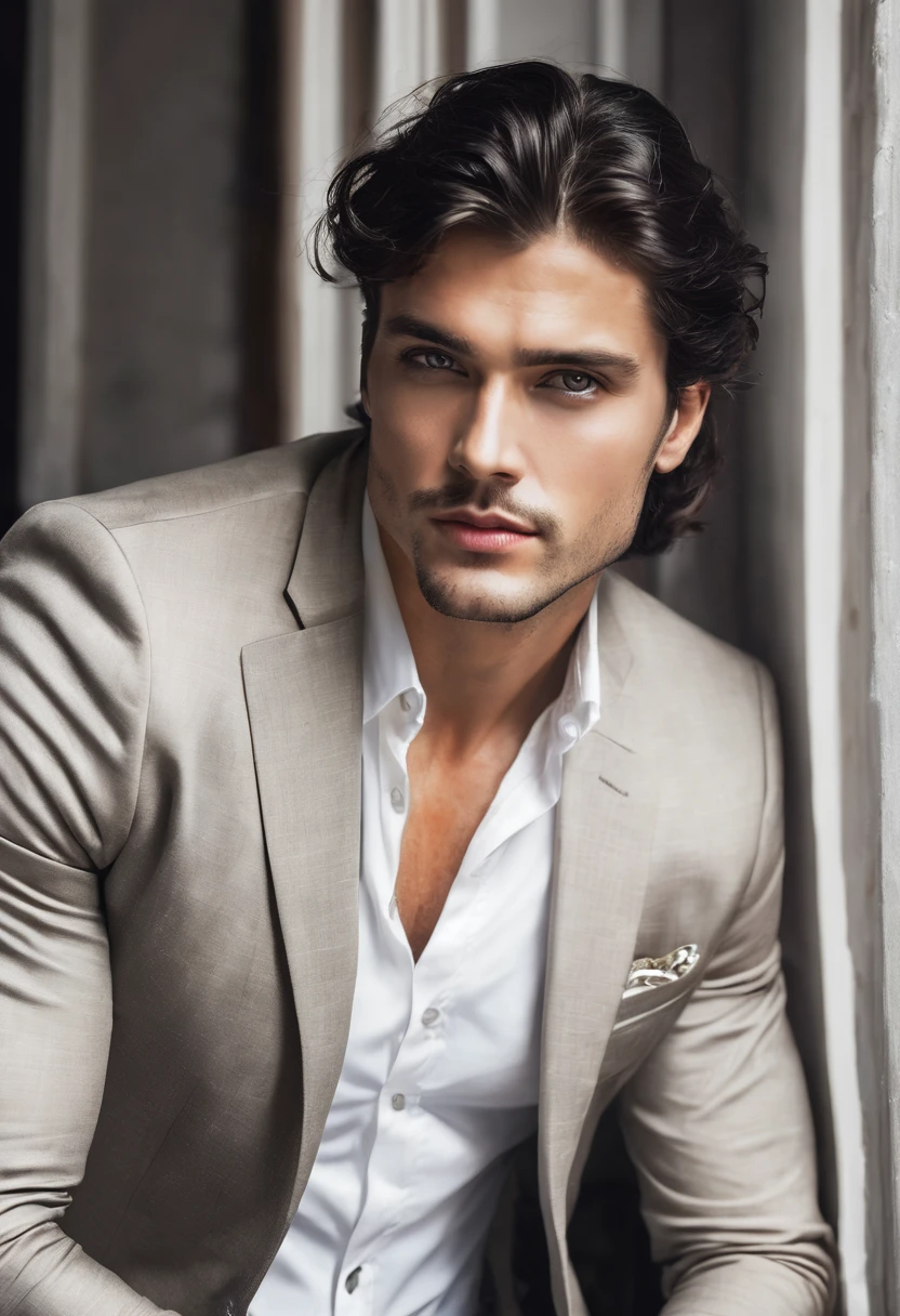 Handsome man with dark hair and light eyes, with a seductive look