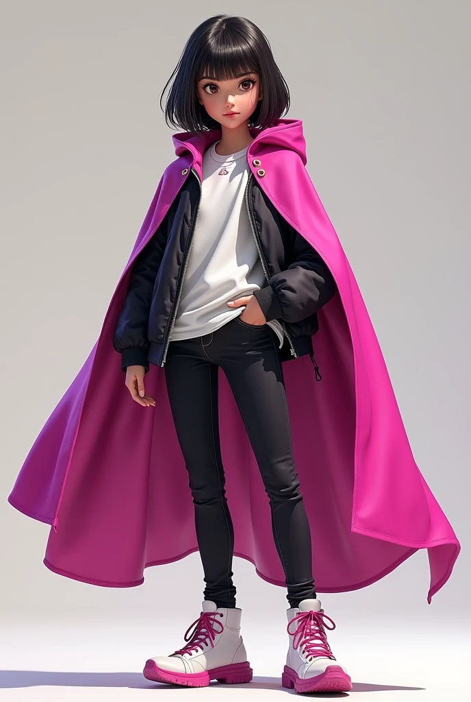 Girl with fuchsia cape, black jacket, white t-shirt, black jeans and white tennis shoes with fuchsia laces