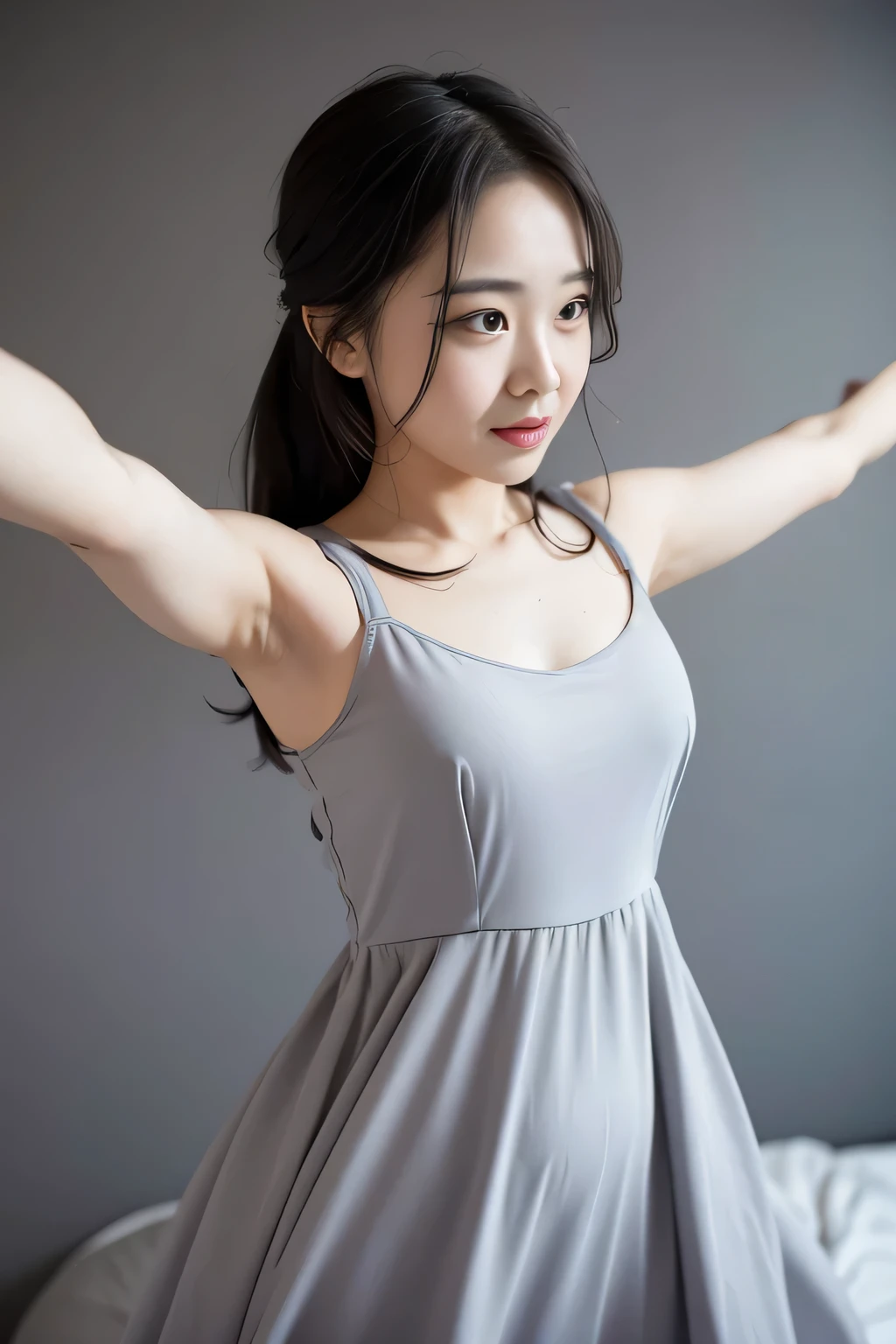 incoming hug, 1girl, solo, grey background, medium breasts, dress,